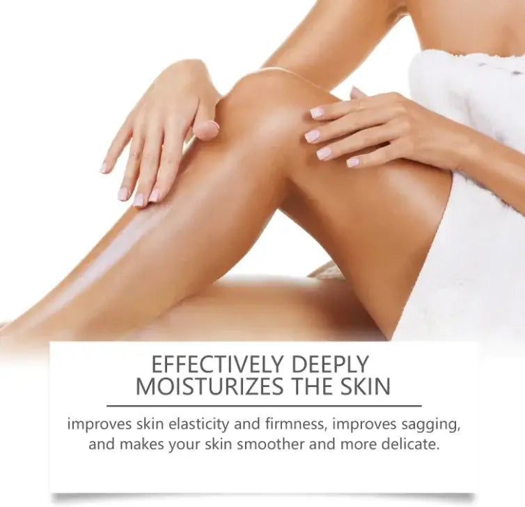Woman applying moisturizer to smooth, firm, and deeply hydrate skin while reducing sagging and enhancing elasticity.